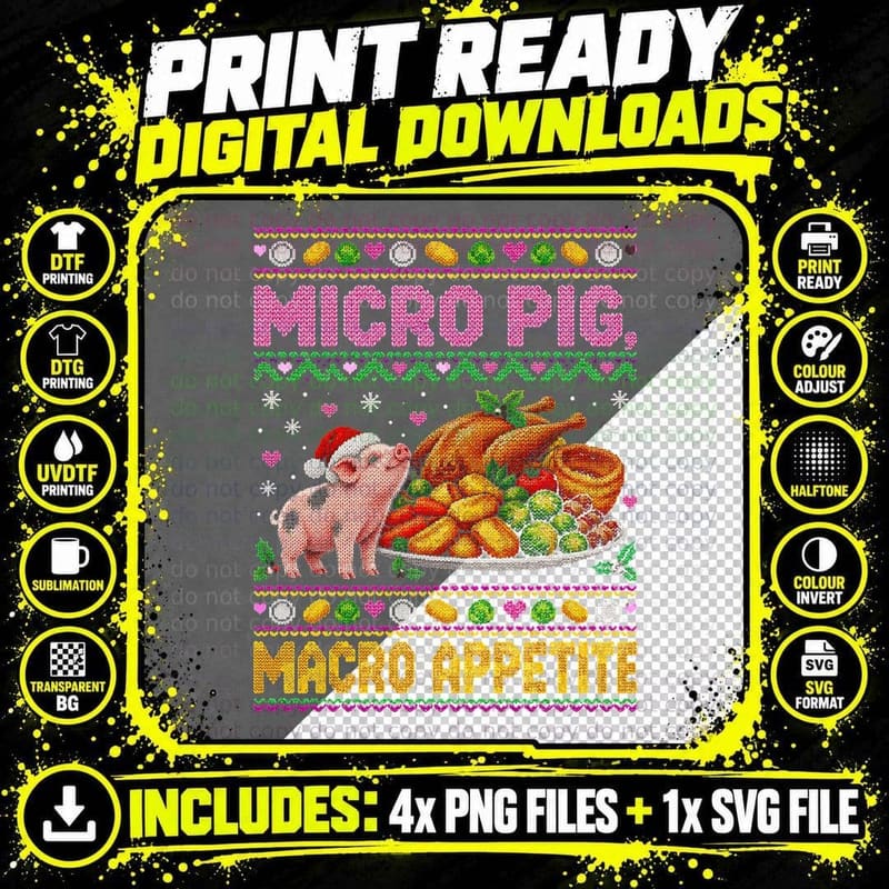 Micro Pig Ugly Sweater Christmas Funny Food Roast Dinner Png SVG Digital Bundle