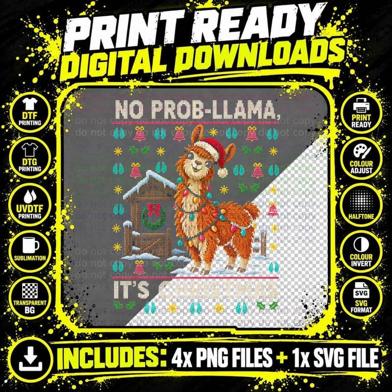 No Prob Llama Its Christmas Llama Lights Ugly Sweater Png SVG Digital Bundle