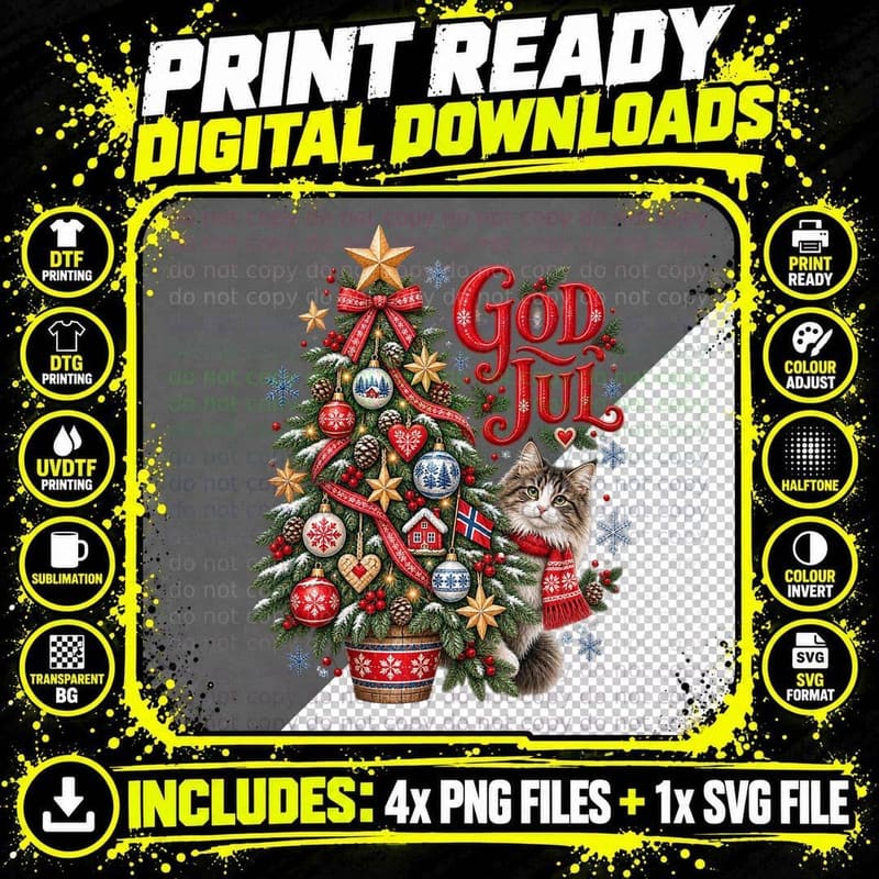 Norwegian Forest Cat Christmas Watercolour God Jul Png SVG Digital Bundle