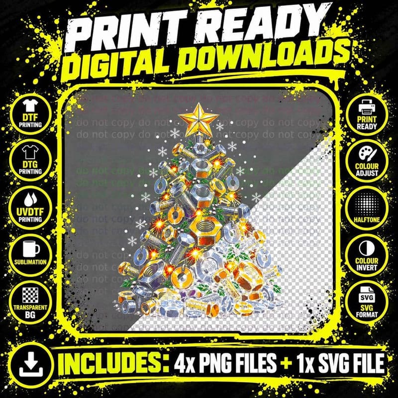 Nuts and Bolts Christmas Tree Mechanic Engineer Handyman Png SVG Digital Bundle