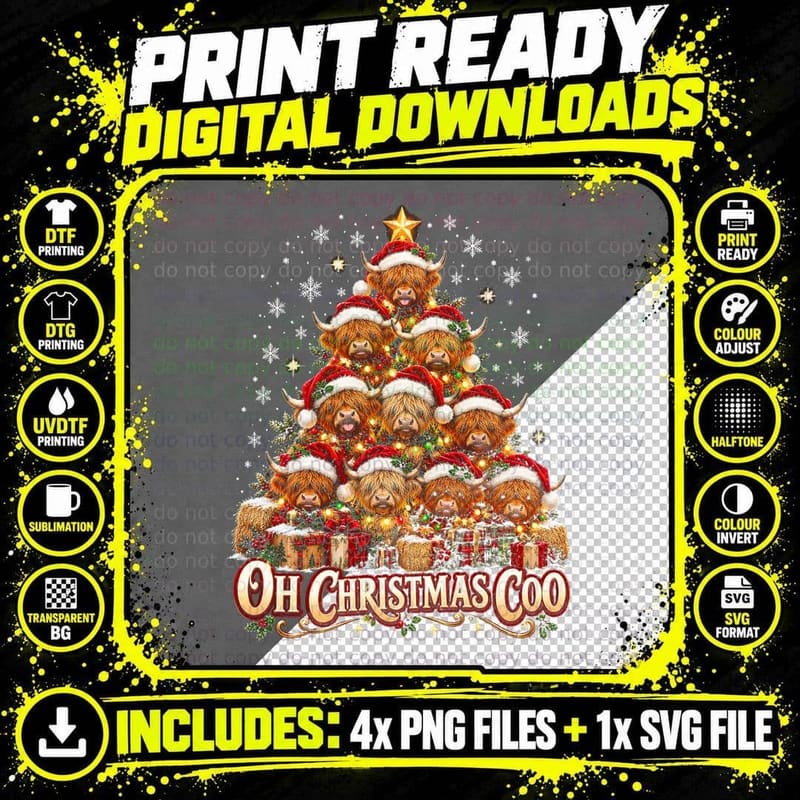 Oh Christmas Coo Highland Cow Christmas Tree Santa Hats Png SVG Digital Bundle