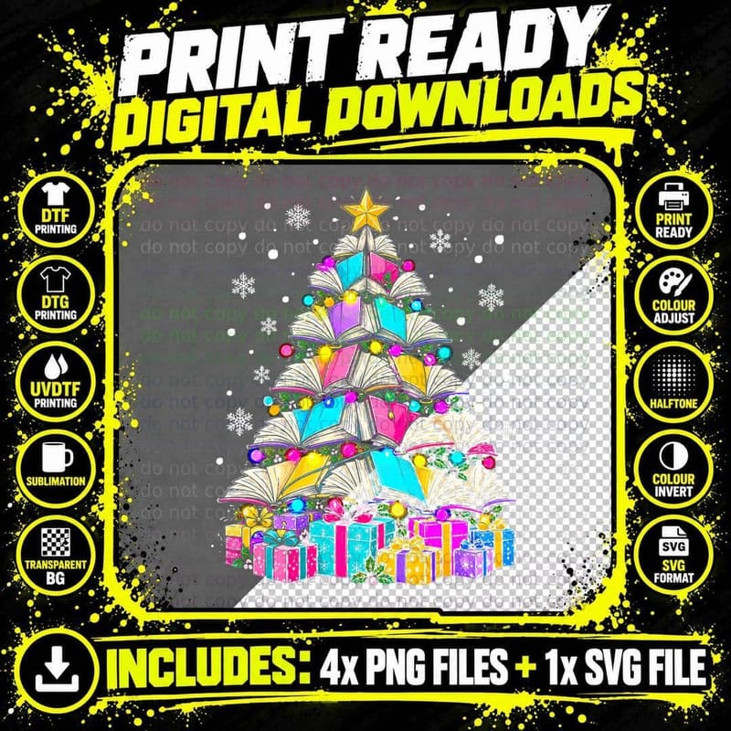 Open Book Christmas Tree Paperback Reader Colorful Retro Png SVG Digital Bundle