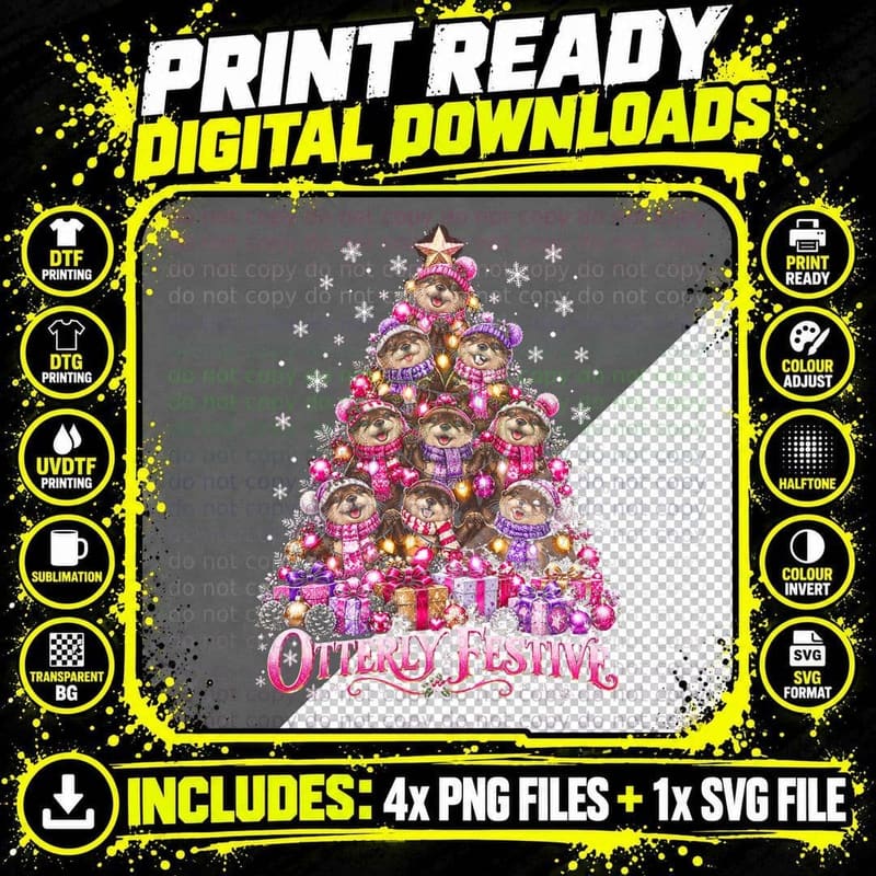 Otterly Festive Otter Christmas Tree Pink Scarves Hats Png SVG Digital Bundle