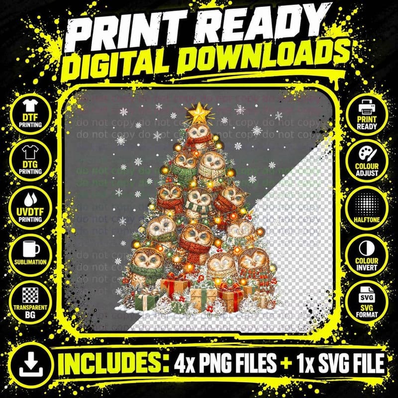 Owl Christmas Tree Cosy Owls Scarves Woodland Bird Lover Png SVG Digital Bundle