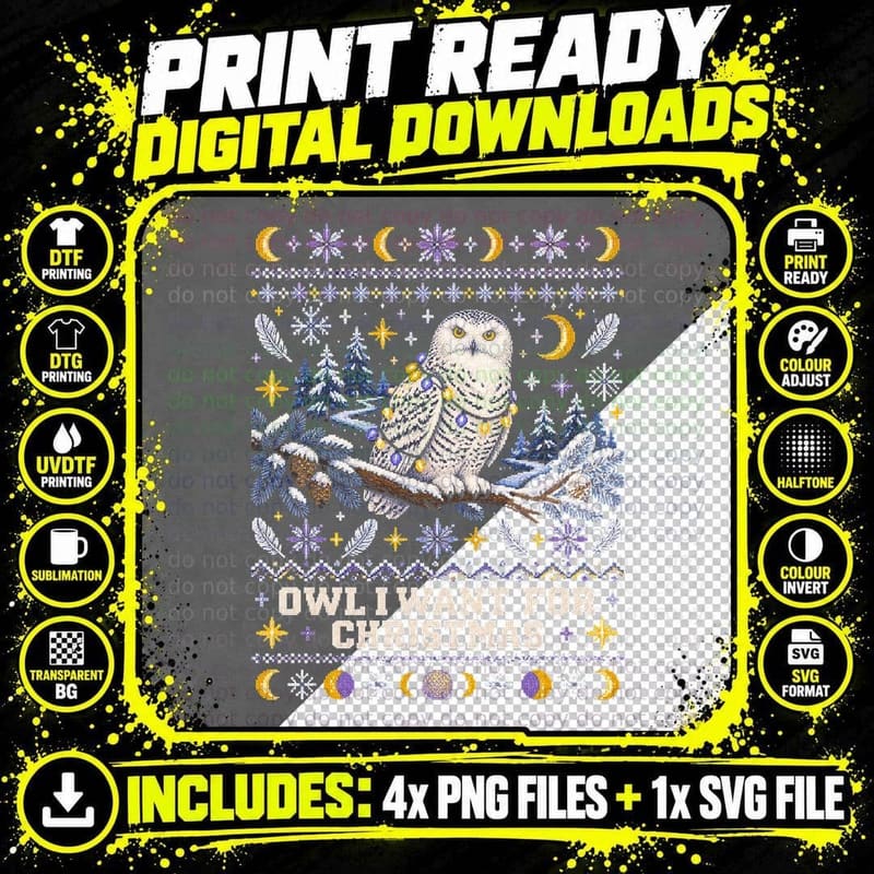 Owl I Want For Christmas Snowy Owl Winter Ugly Sweater Png SVG Digital Bundle