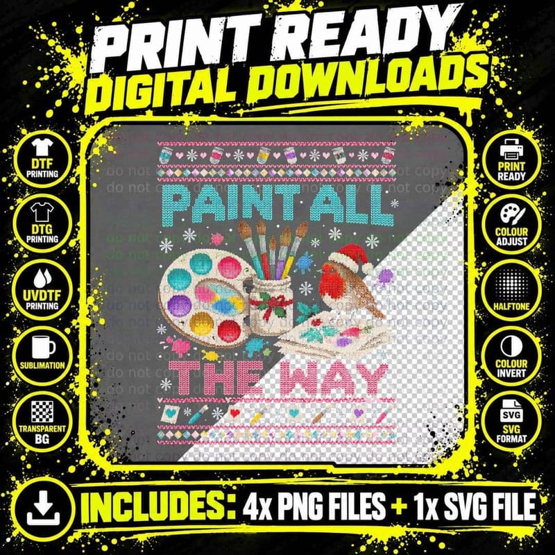Paint All The Way Watercolour Artist Robin Christmas Png SVG Digital Bundle