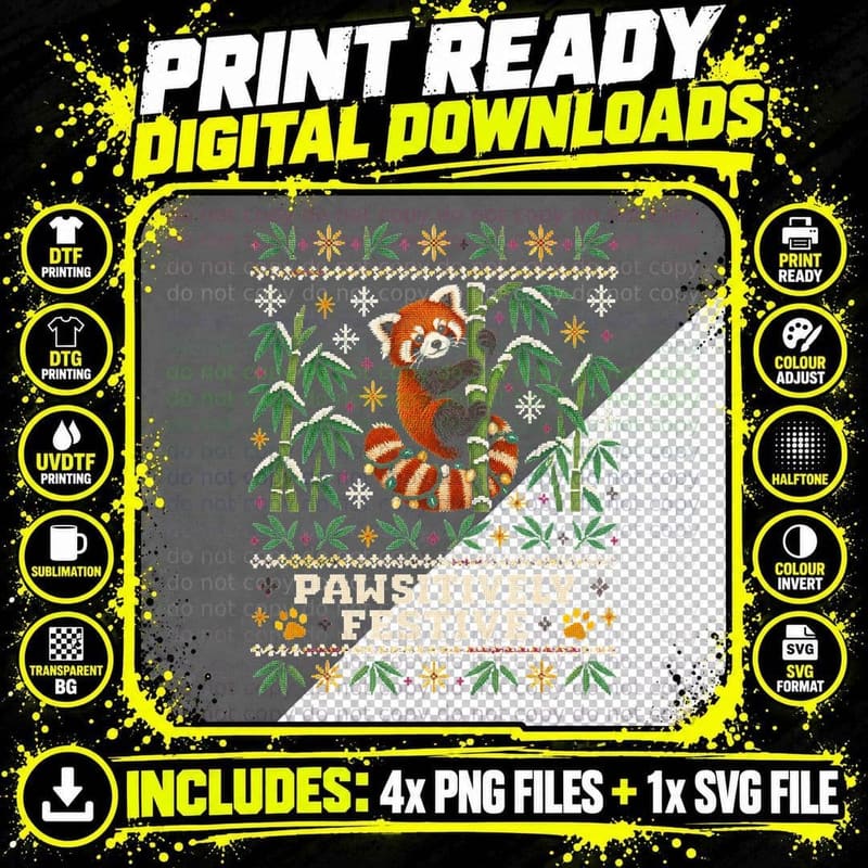 Pawsitively Festive Red Panda Bamboo Christmas Ugly Png SVG Digital Bundle