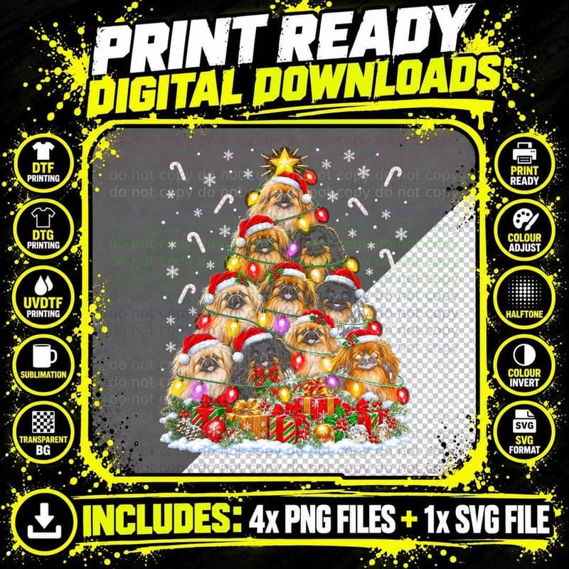 Pekingese Christmas Tree Santa Hats Candy Canes Dog Png SVG Digital Bundle