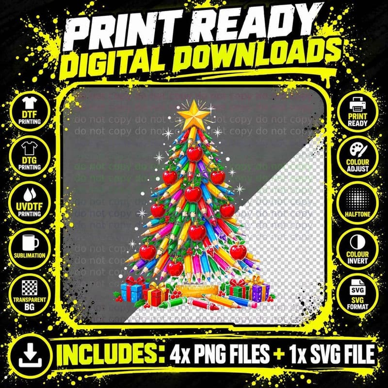 Pencil Christmas Tree Colouring Pencils Apples Teacher Png SVG Digital Bundle