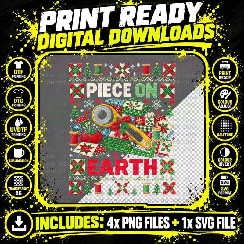 Piece On Earth Quilting Rotary Cutter Patchwork Png SVG Digital Bundle