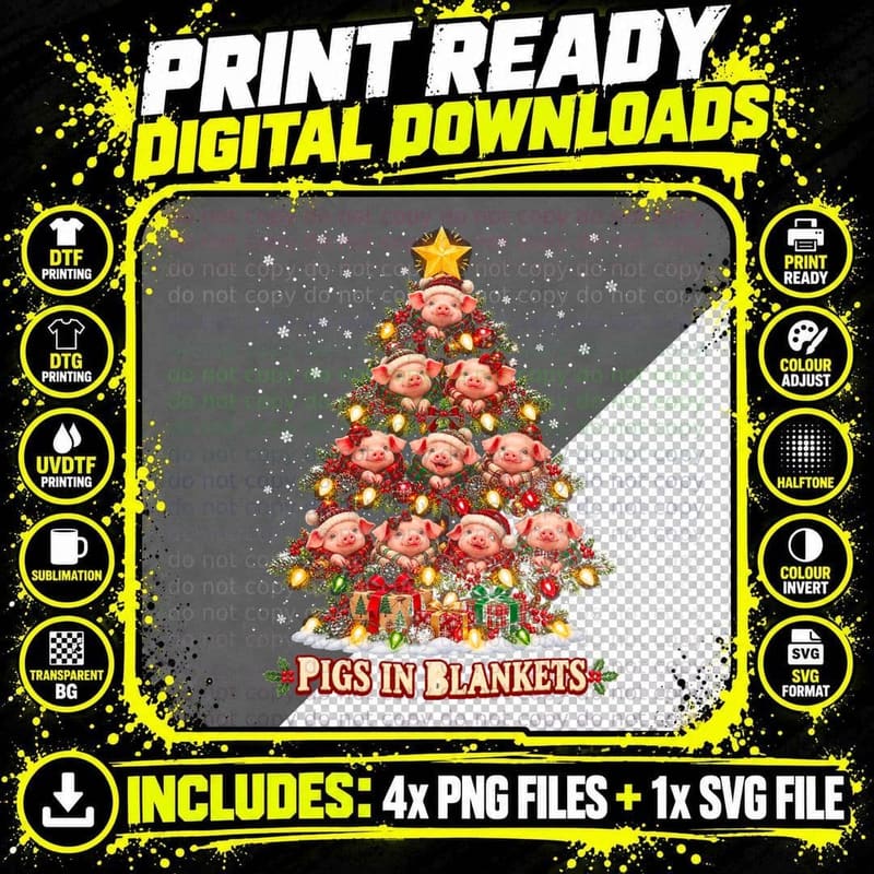 Pigs in Blankets Christmas Tree Tartan Piglets Santa Png SVG Digital Bundle