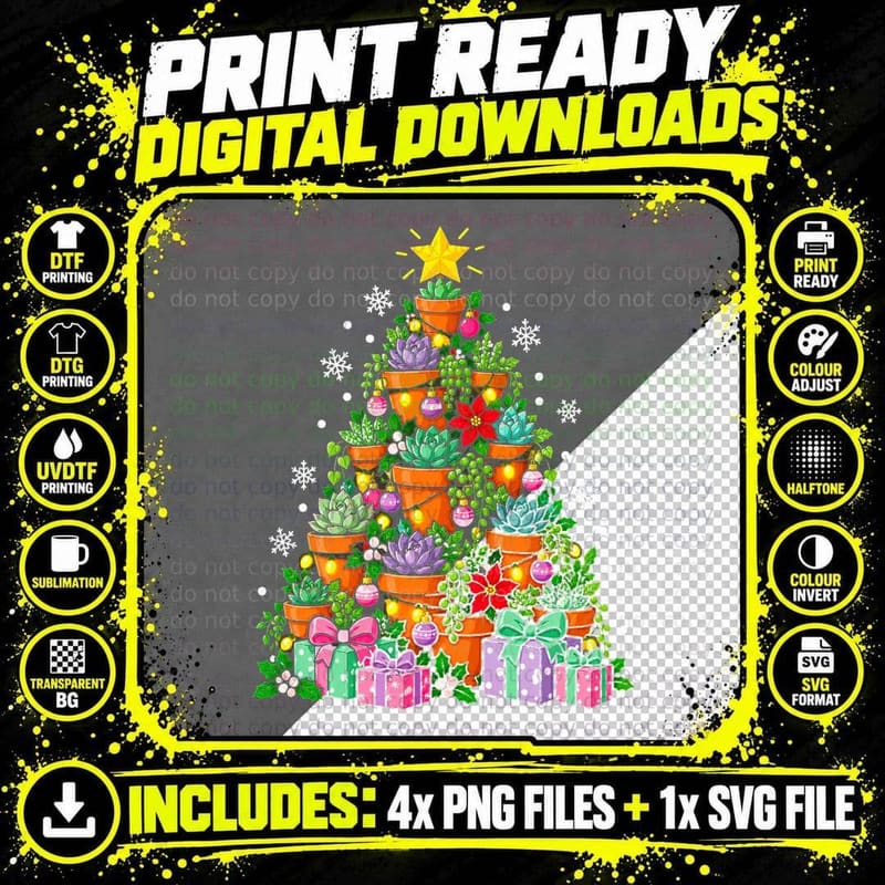 Plant Lover Christmas Succulent Tree Cute Pastel Png SVG Digital Bundle