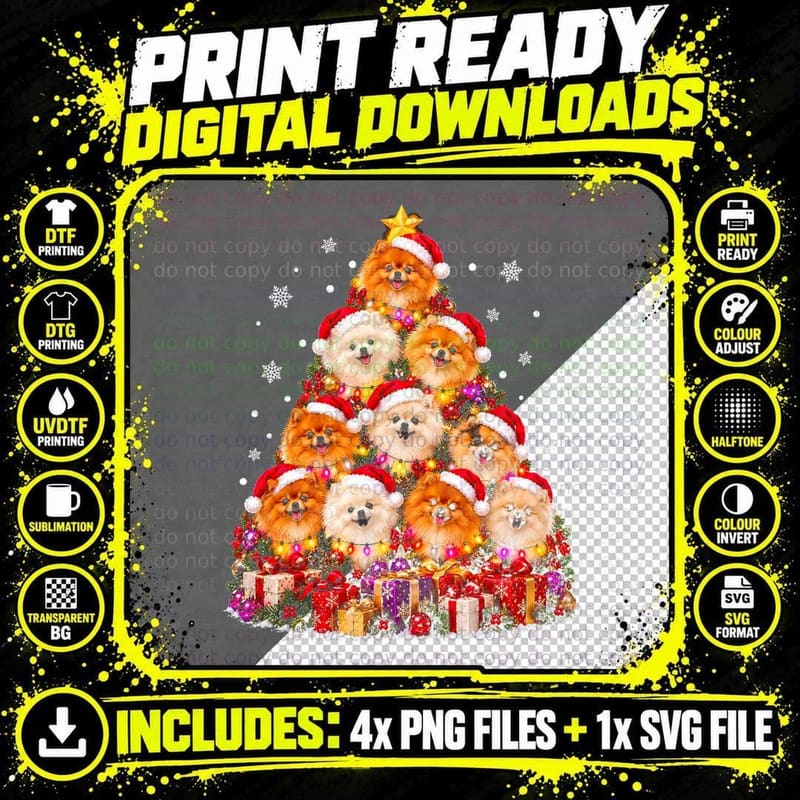 Pomeranian Christmas Tree Fluffy Orange Pom Dogs Santa Png SVG Digital Bundle