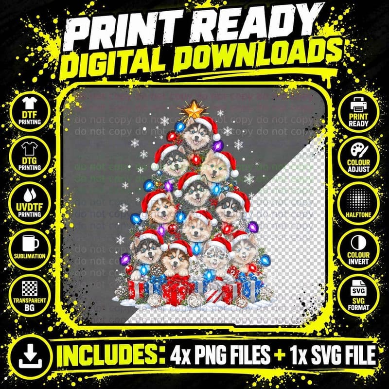 Pomsky Christmas Tree Santa Hats Husky Pomeranian Mix Png SVG Digital Bundle