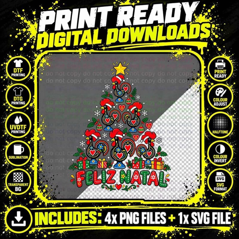 Portuguese Barcelos Rooster Christmas Tree Feliz Natal Png SVG Digital Bundle