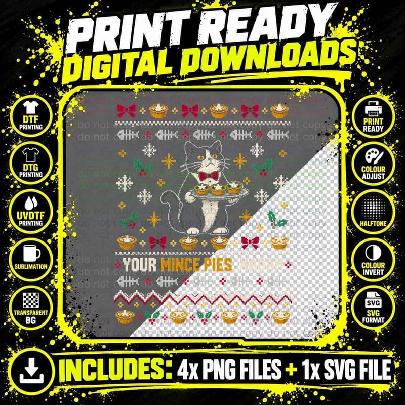 Posh Cat Butler Serving Mince Pies Christmas Jumper Cat Png SVG Digital Bundle