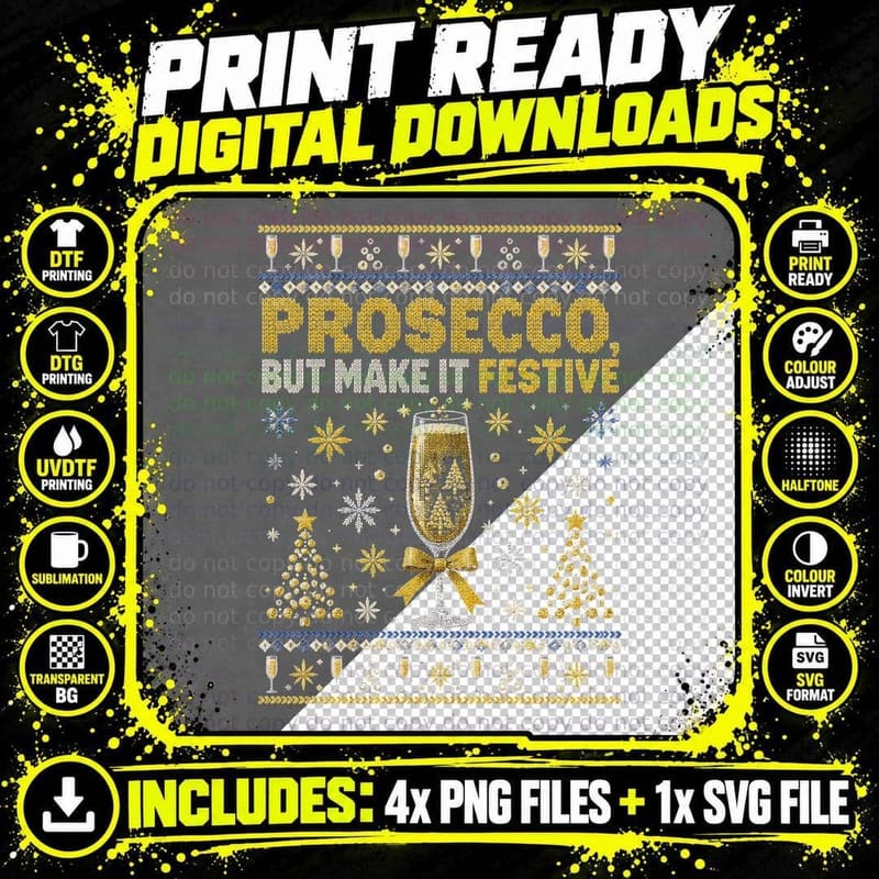 Prosecco Ugly Christmas Sweater Funny Champagne Png SVG Digital Bundle