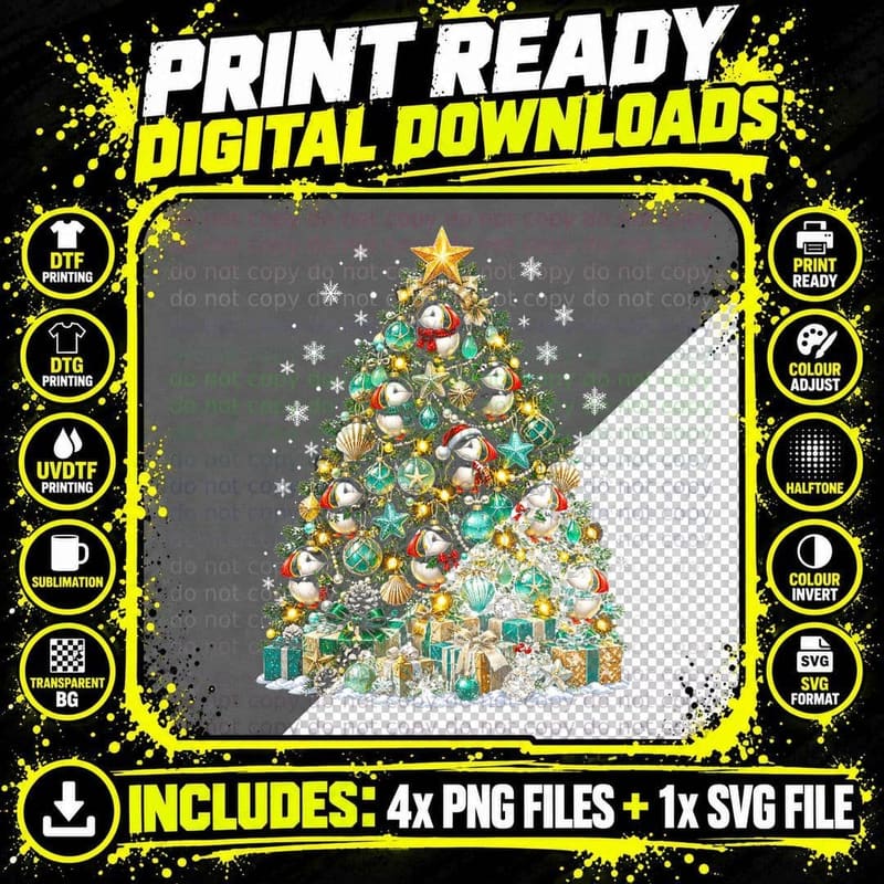 Puffin Bauble Christmas Tree Seashells Seaside Puffins Png SVG Digital Bundle