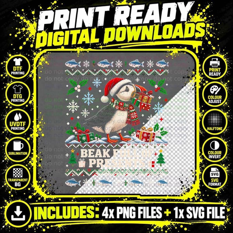 Puffin Beak Full Of Presents Christmas Ugly Sweater Png SVG Digital Bundle