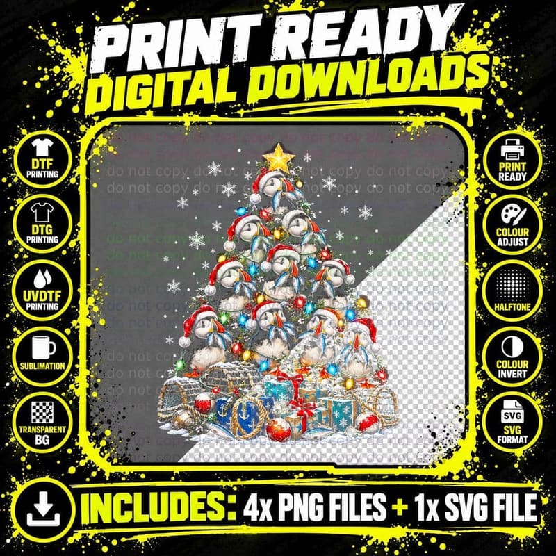 Puffin Christmas Tree Fishy Christmas Santa Hat Puffins Png SVG Digital Bundle