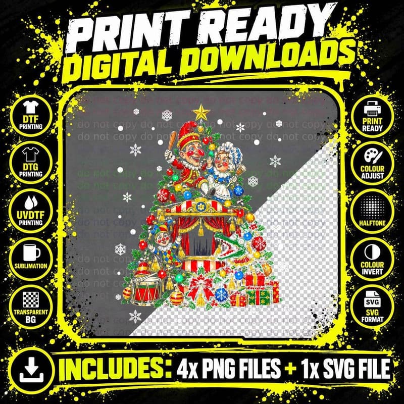 Punch and Judy Christmas Tree Seaside Puppet Show Retro Png SVG Digital Bundle