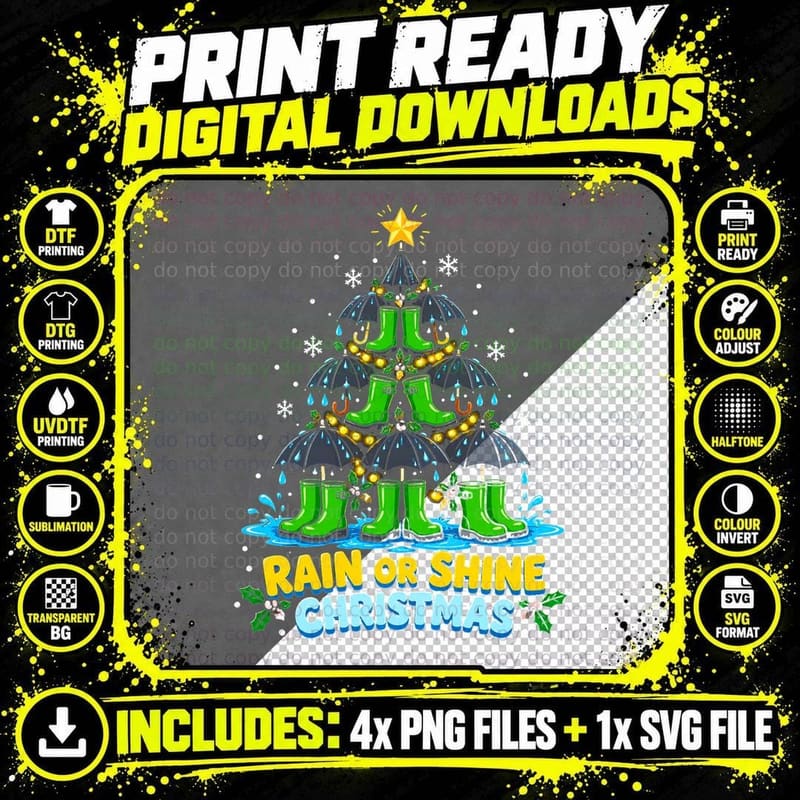 Rain Or Shine Christmas British Weather Wellies Umbrella Png SVG Digital Bundle