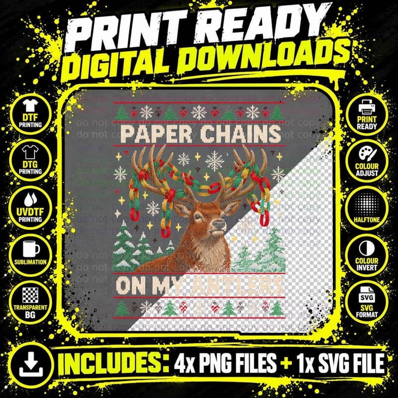 Red Deer Stag Christmas Ugly Sweater Antler Paper Chain Png SVG Digital Bundle