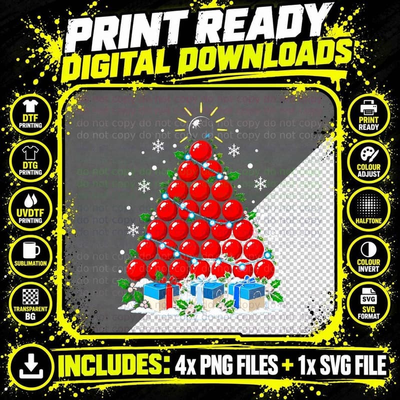 Red Snooker Balls Christmas Tree Snooker Player Pool Png SVG Digital Bundle