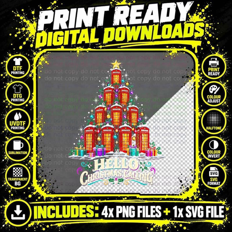 Red Telephone Box Christmas Tree Hello Christmas Calling Png SVG Digital Bundle