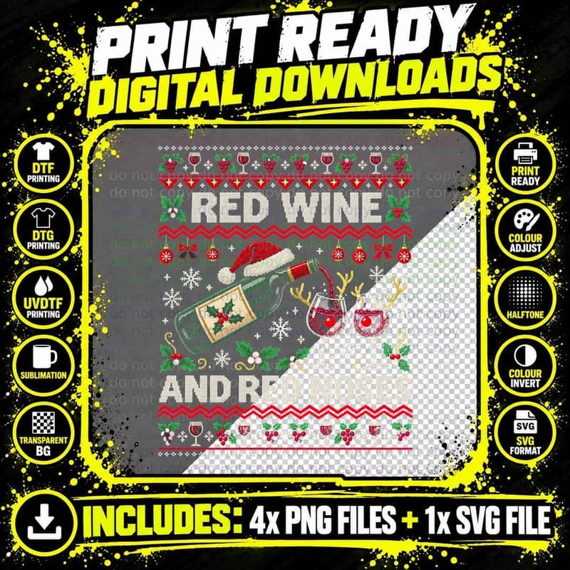 Red Wine Ugly Christmas Sweater Knitted Style Wine Lover Png SVG Digital Bundle