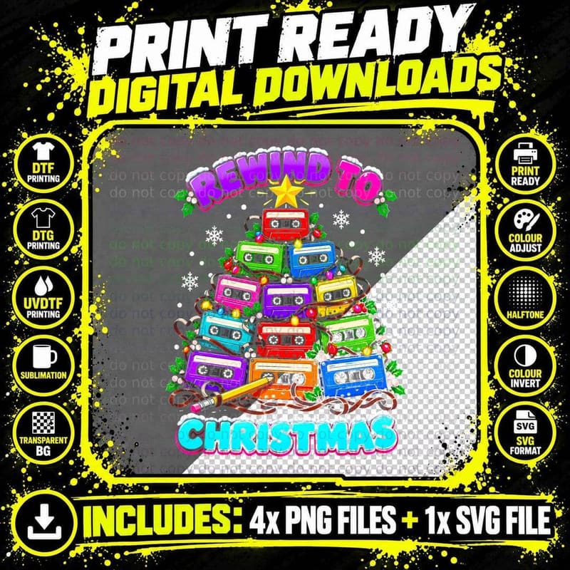 Rewind to Christmas Cassette Tapes Tree Retro 80s Png SVG Digital Bundle