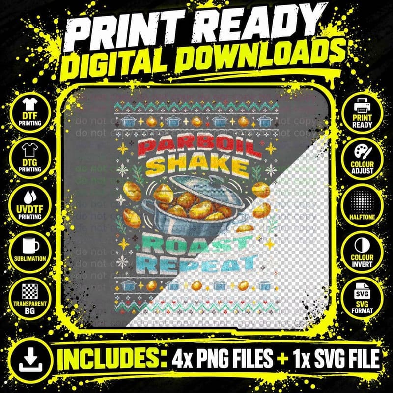 Roast Potatoes Parboil Shake Roast Repeat Christmas Png SVG Digital Bundle
