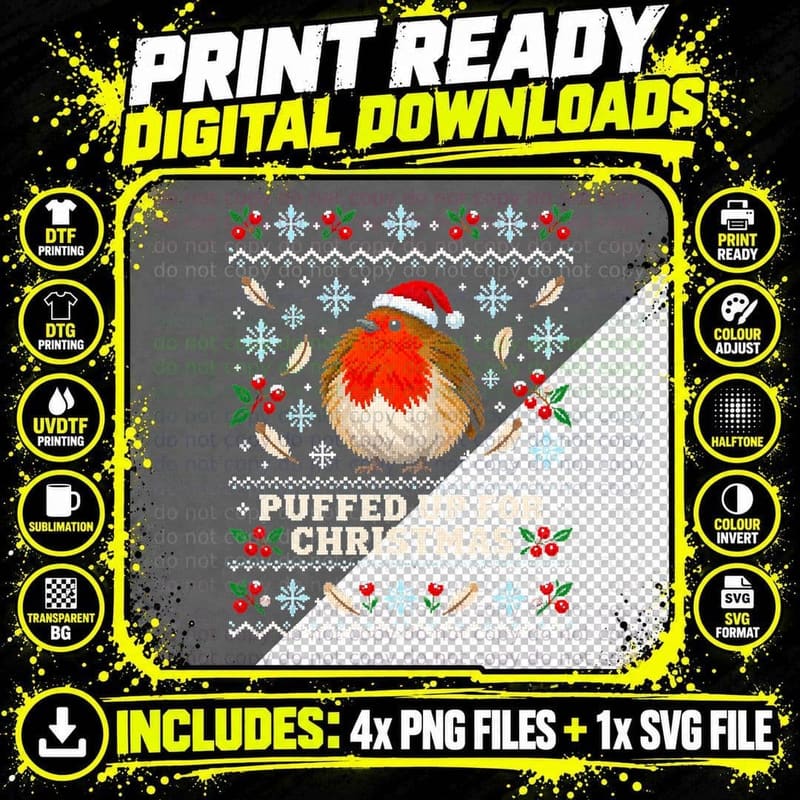 Robin Puffed Up For Christmas Ugly Sweater Santa Hat Png SVG Digital Bundle
