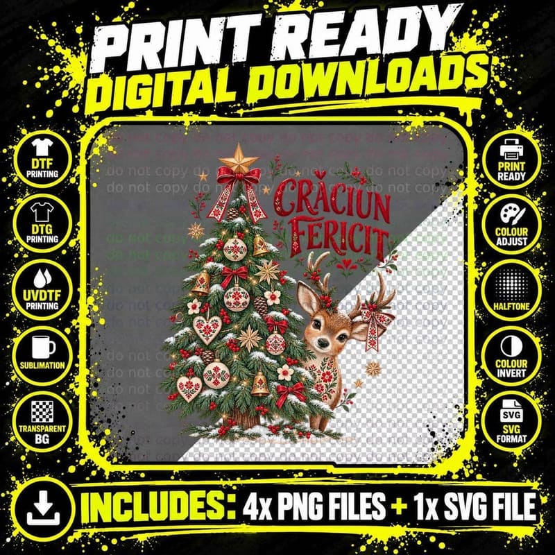 Romanian Deer Christmas Watercolour Folk Embroidery Png SVG Digital Bundle
