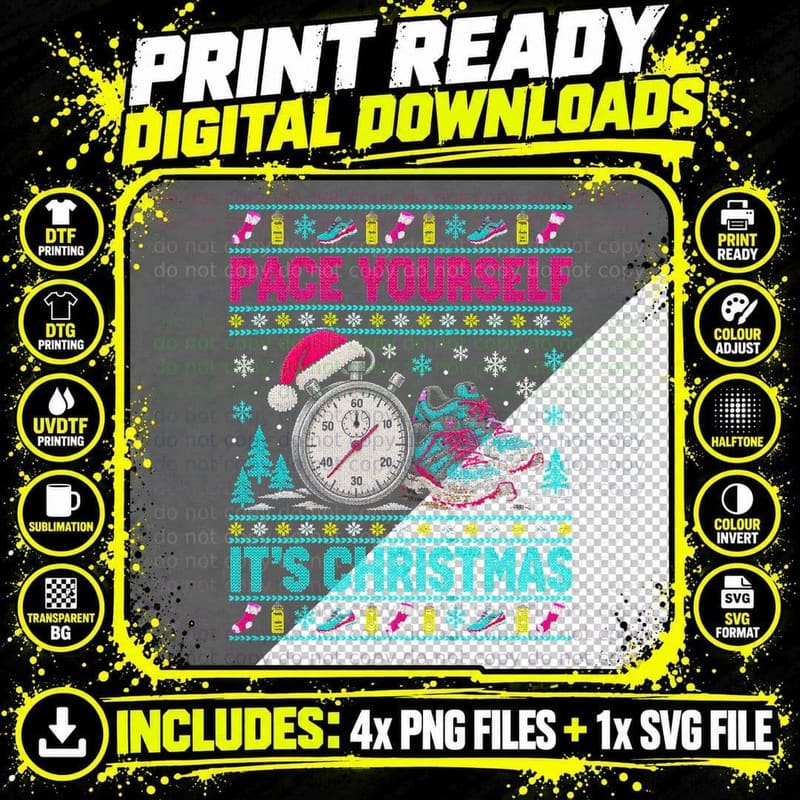Running Christmas Ugly Sweater Stopwatch Runner Marathon Png SVG Digital Bundle