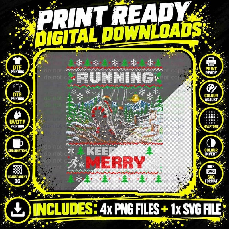 Running Christmas Ugly Sweater Trail Runner Marathon Png SVG Digital Bundle