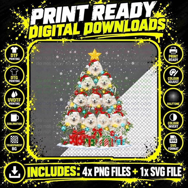 Samoyed Christmas Santa Fluffy White Dog Holiday Pet Png SVG Digital Bundle