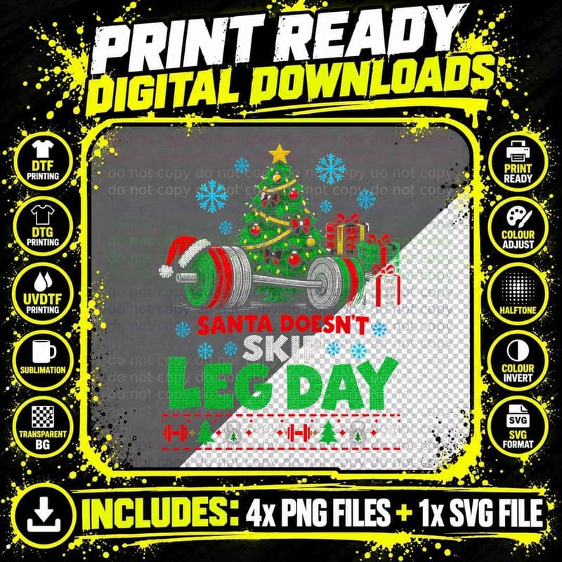 Santa Doesnt Skip Leg Day Barbell Christmas Tree Gym Png SVG Digital Bundle