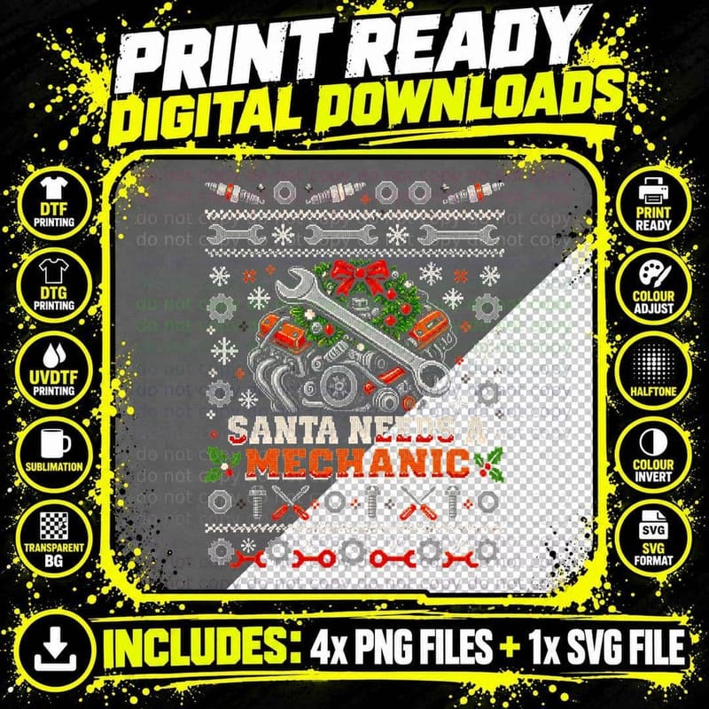 Santa Needs a Mechanic Spanner Engine Christmas Ugly Png SVG Digital Bundle
