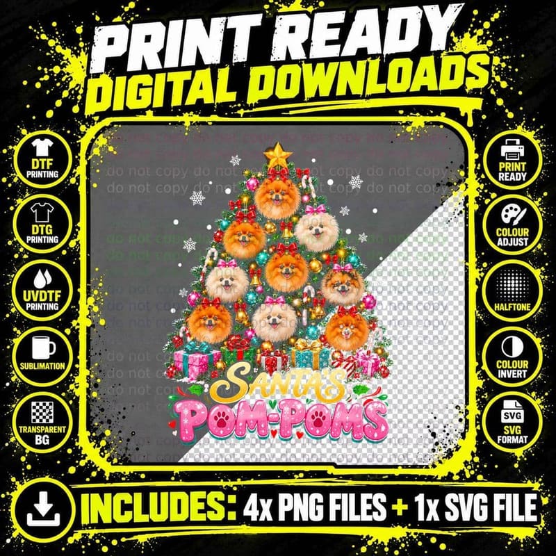 Santa's Pom Poms Pomeranian Christmas Tree Pink Bows Dog Png SVG Digital Bundle