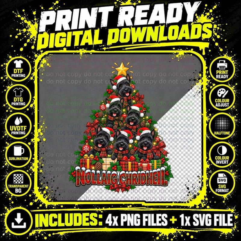 Scottie Dog Christmas Tree Nollaig Chridheil Scottish Png SVG Digital Bundle