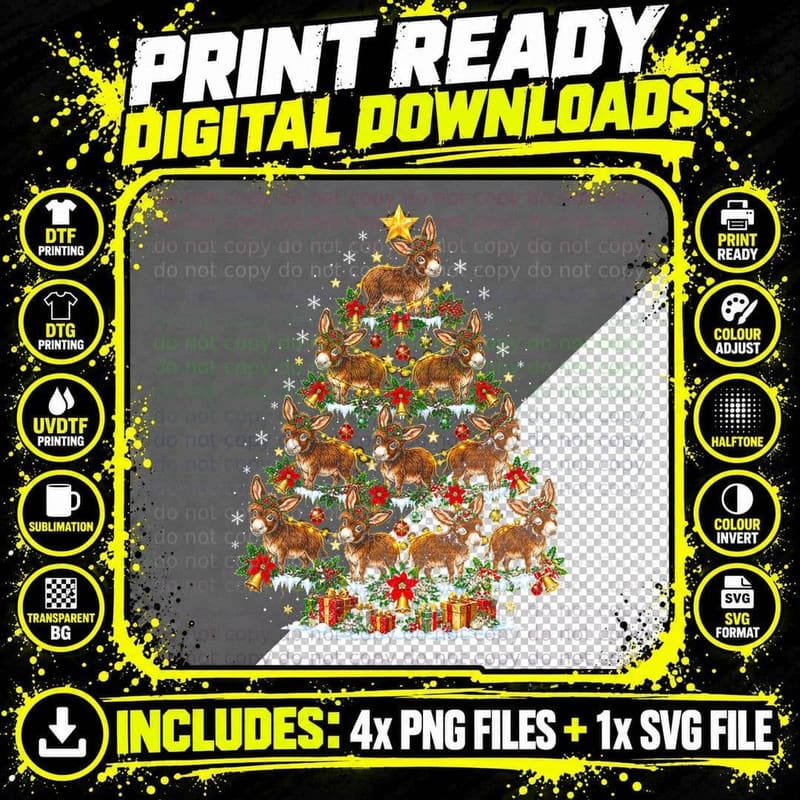 Shaggy Brown Donkey Christmas Tree Cute Donkeys Farm Png SVG Digital Bundle