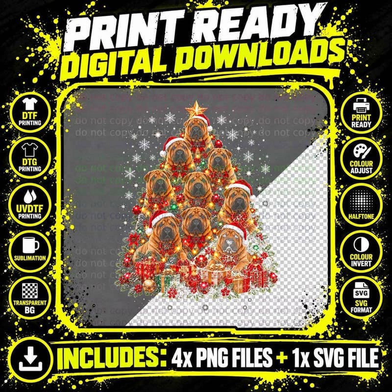 Shar Pei Christmas Wrinkly Dog Santa Hat Holiday Png SVG Digital Bundle
