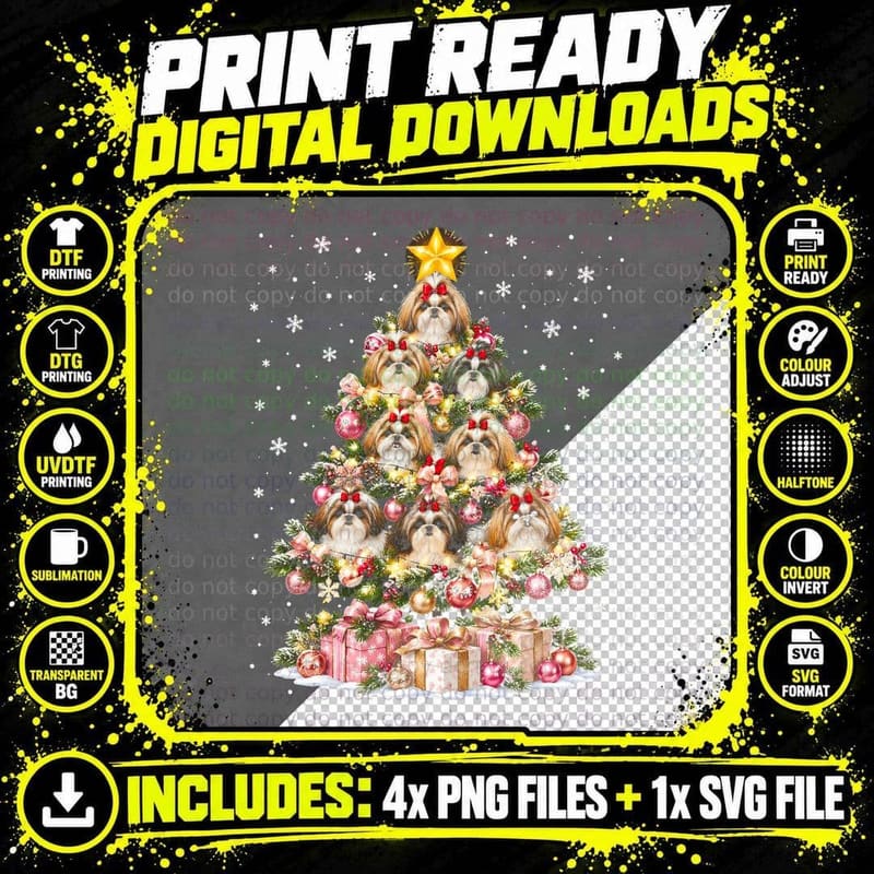 Shih Tzu Christmas Tree Pink Bows Cute Dog Mom Xmas Png SVG Digital Bundle
