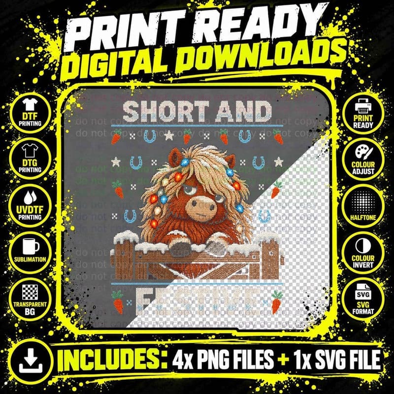 Short And Festive Fluffy Shetland Pony Christmas Ugly Png SVG Digital Bundle