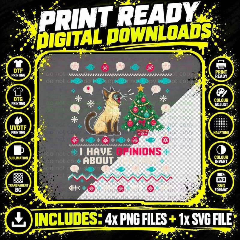 Siamese Cat Christmas Tree Opinions Funny Xmas Jumper Png SVG Digital Bundle