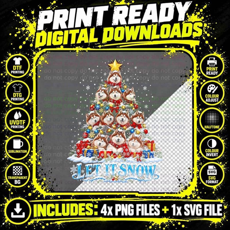 Siberian Husky Let It Snow Christmas Tree Santa Hats Dog Png SVG Digital Bundle