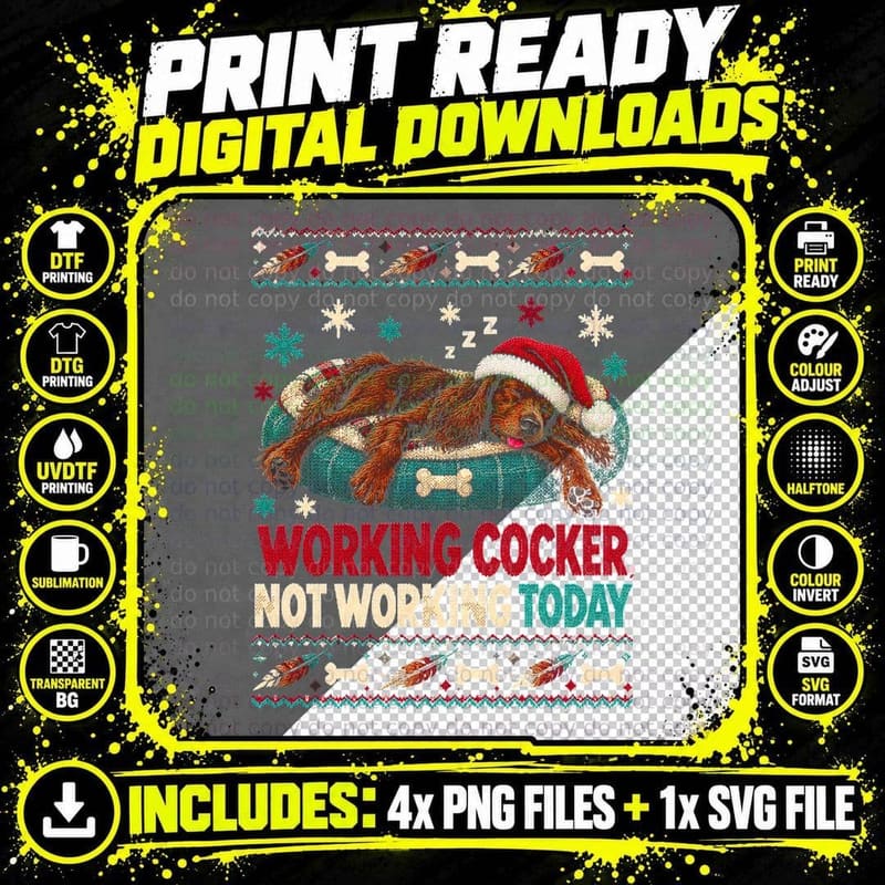Sleeping Working Cocker Spaniel Santa Hat Christmas Png SVG Digital Bundle