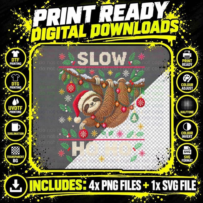 Slow Ho Ho Sloth Santa Hat Christmas Ugly Sweater Funny Png SVG Digital Bundle