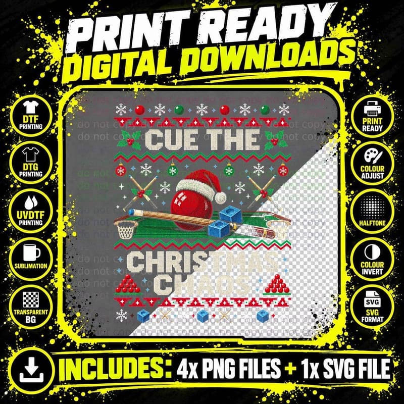 Snooker Christmas Ugly Sweater Funny Cue Sports Png SVG Digital Bundle